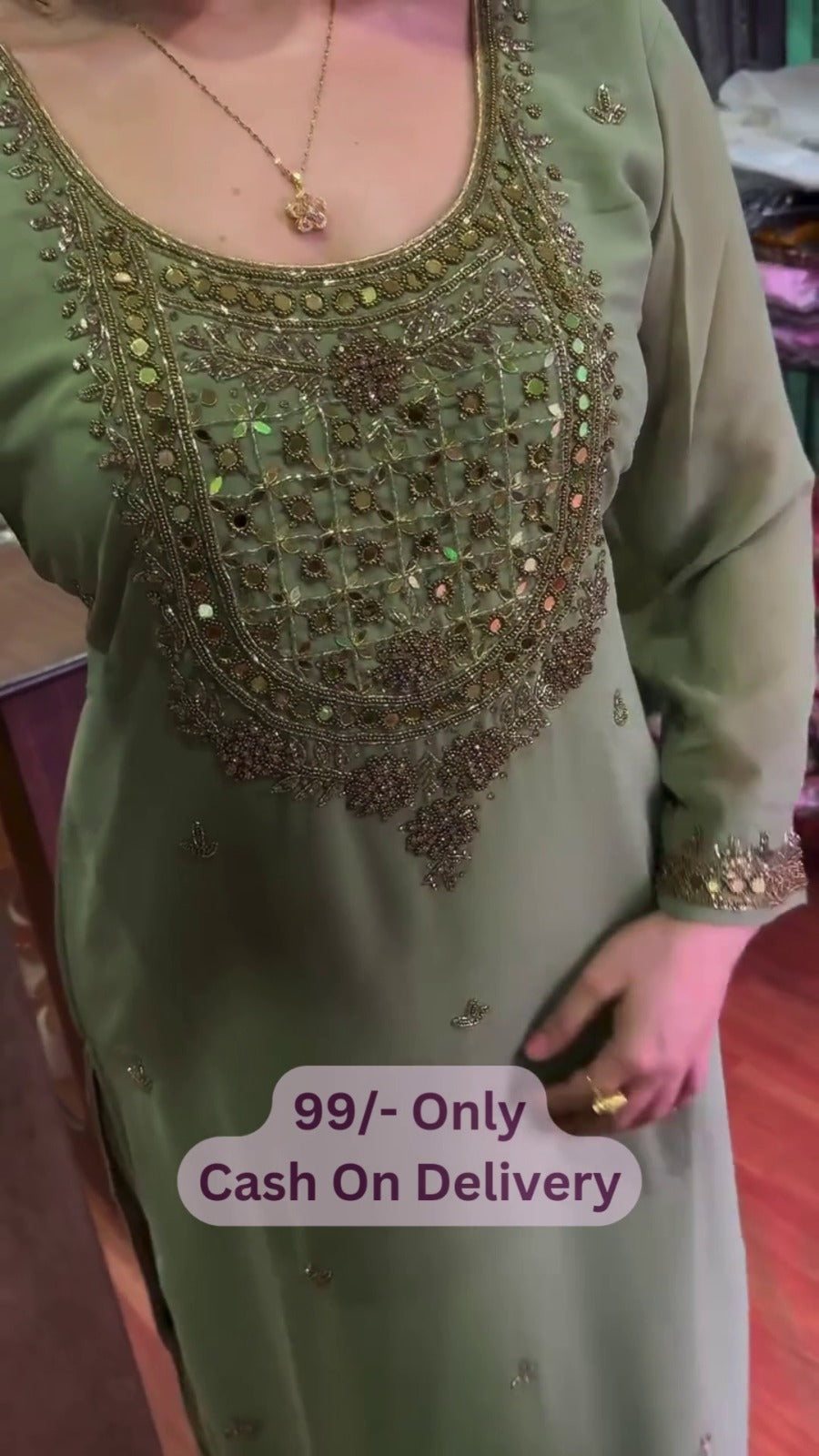 Women's Sage Green Embroidered Straight Suit