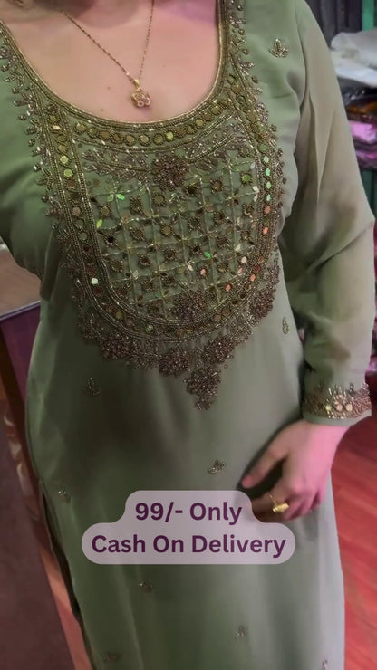 Women's Sage Green Embroidered Straight Suit