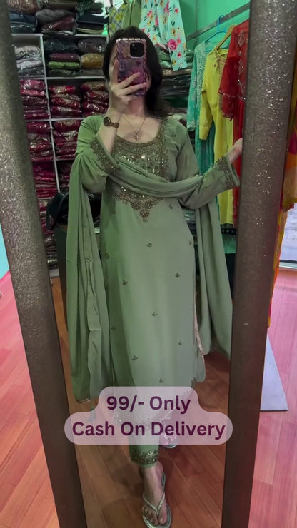 Women's Sage Green Embroidered Straight Suit