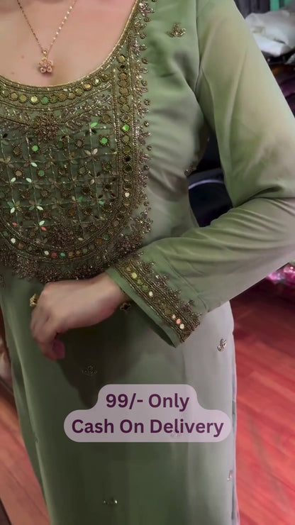 Women's Sage Green Embroidered Straight Suit
