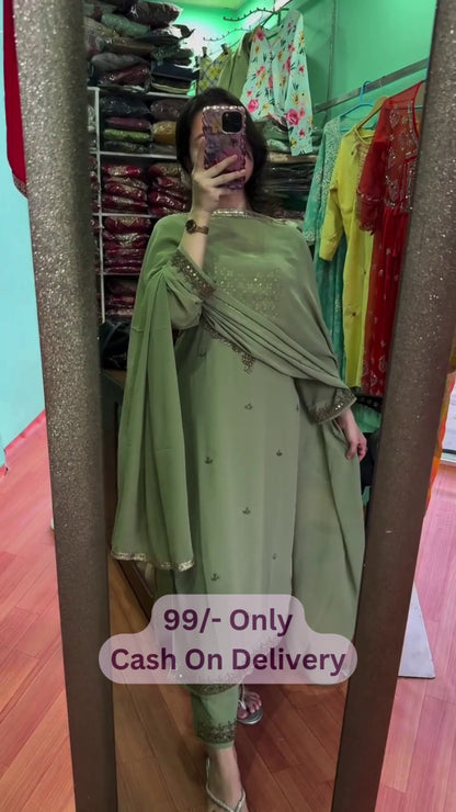 Women's Sage Green Embroidered Straight Suit